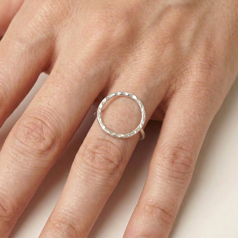 'Eclipse' Sterling Silver Textured Circle Ring, worn