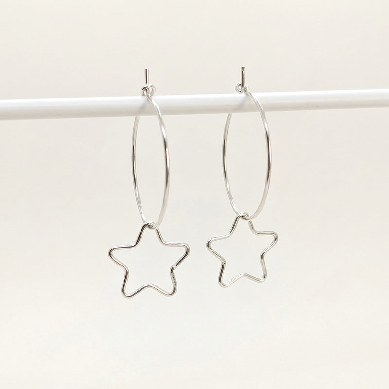 'Starlight' Sterling Silver Star Hoop Earring, Medium