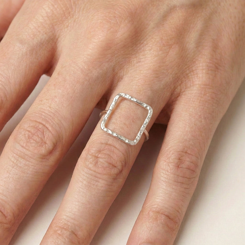 'Equal' Sterling Silver Hammered Square Statement Ring, worn