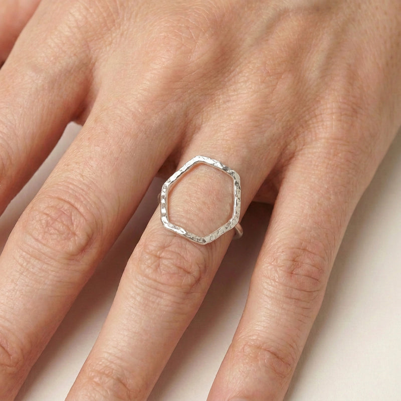 'Hexa' Sterling Silver Hexagon Statement Ring, worn