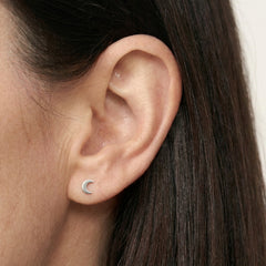 ‘Midnight’ Sterling Silver Tiny Moon and Star Stud Earring, worn, view 3