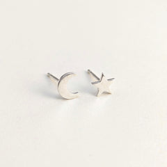'Moon and Star' Tiny Sterling Silver Studs, view 1