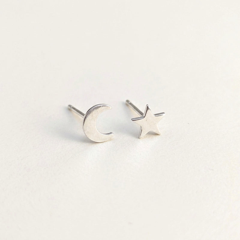 'Moon and Star' Tiny Sterling Silver Studs