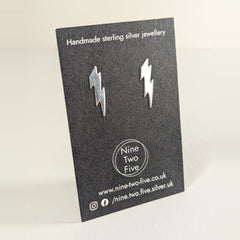 'Electra' Sterling Silver Lightning Stud Earring on the Nine Two Five earring card, view 2