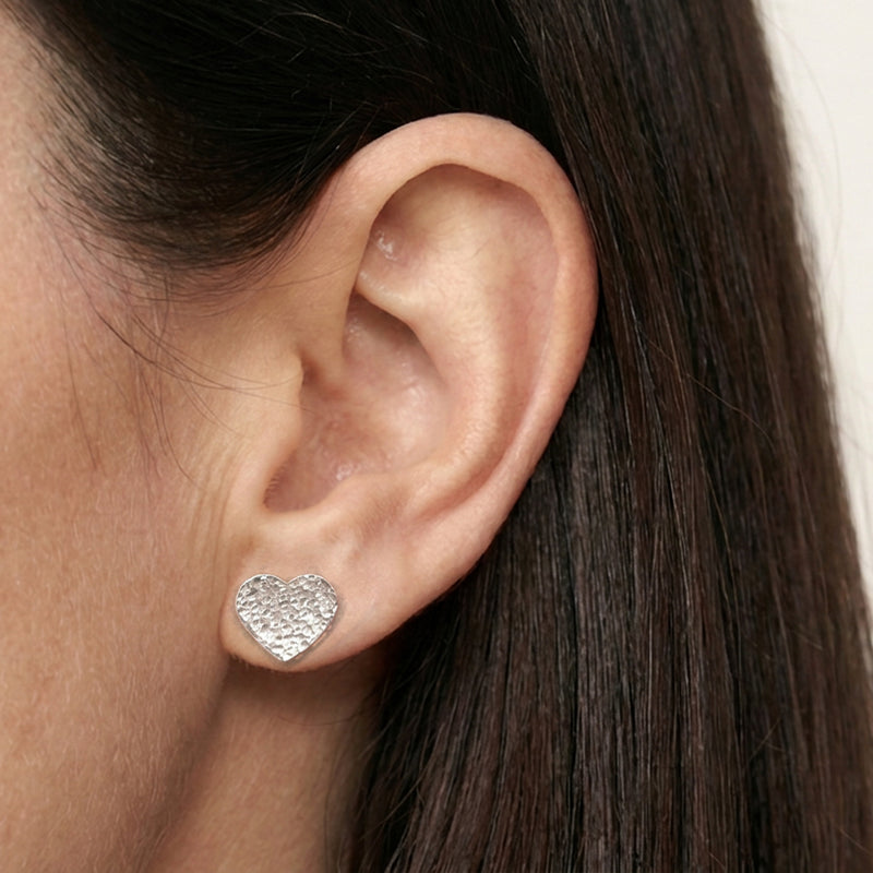 'Queen' Large Textured Heart Shaped Sterling Silver Studs, worn