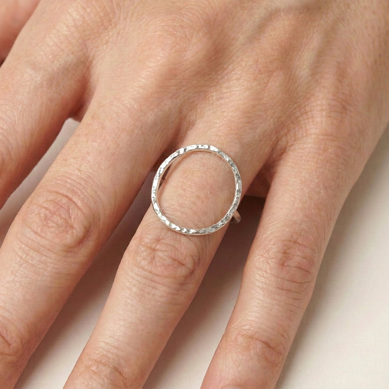 'Eclipse' Sterling Silver Hammered Circle Statement Ring, worn