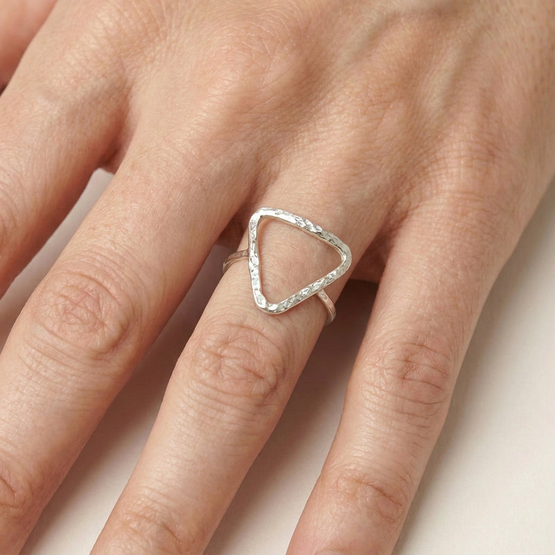 'Tria' Sterling Silver Hammered Triangle Statement Ring, worn