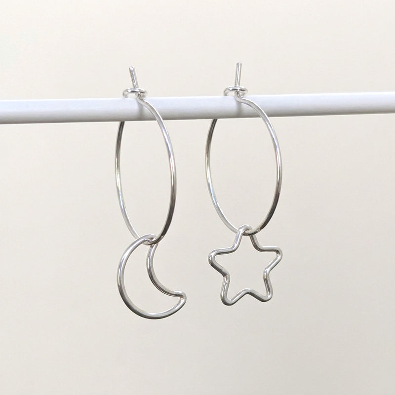 'Midnight' Sterling Silver Moon and Star Hoop Earring, Small