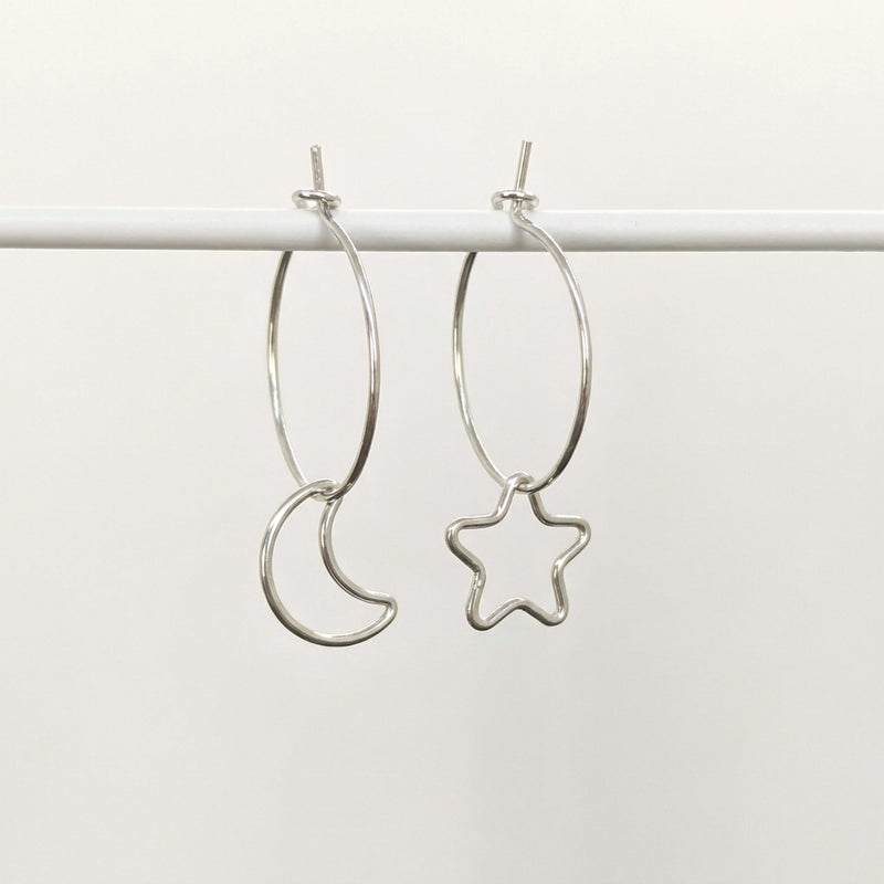 'Midnight' Sterling Silver Moon and Star Hoop Earring, Small