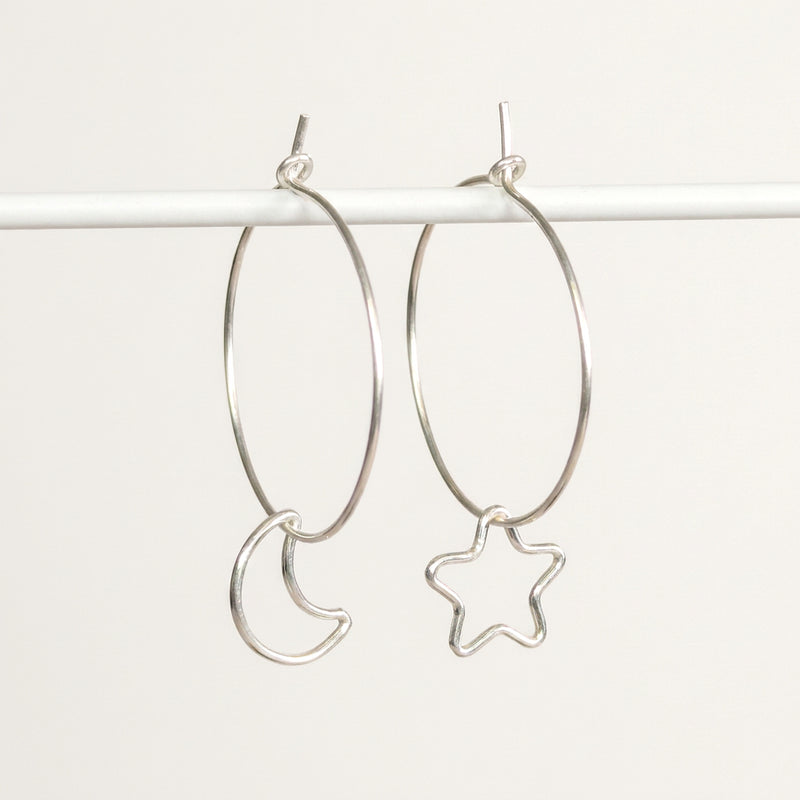 'Midnight' Sterling Silver Moon and Star Hoop Earring, Larger