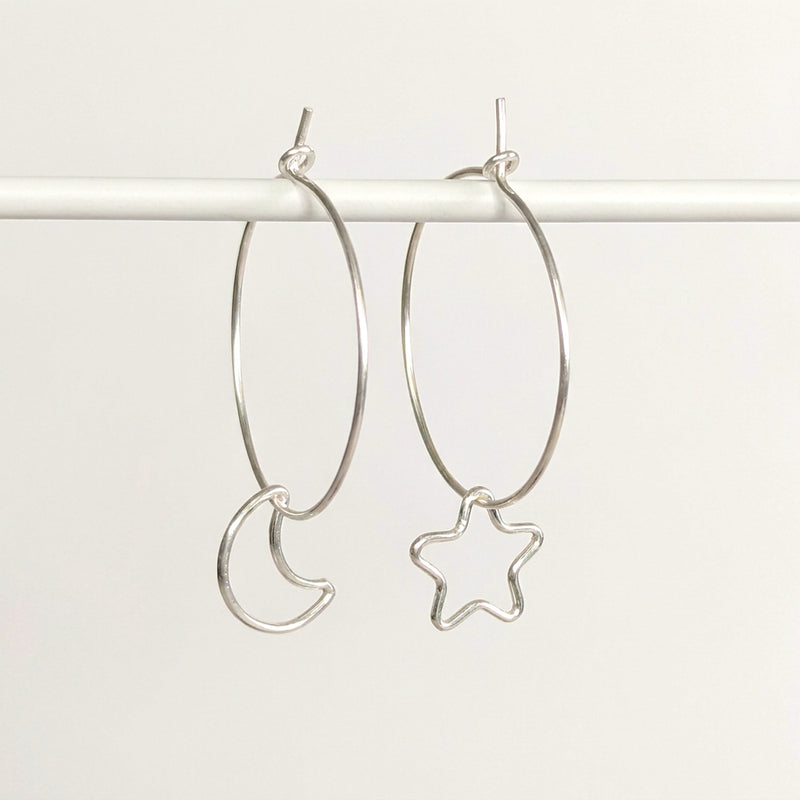 'Midnight' Sterling Silver Moon and Star Hoop Earring, Larger