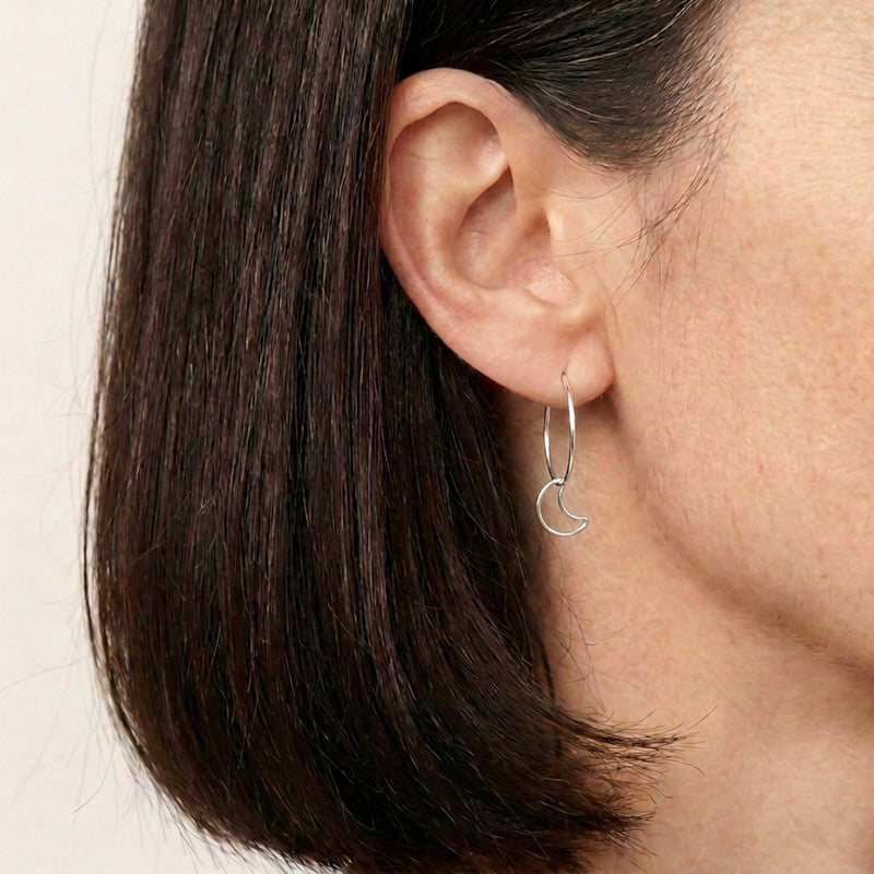 'Moonlight' Sterling Silver Moon Small Hoop Earring, worn